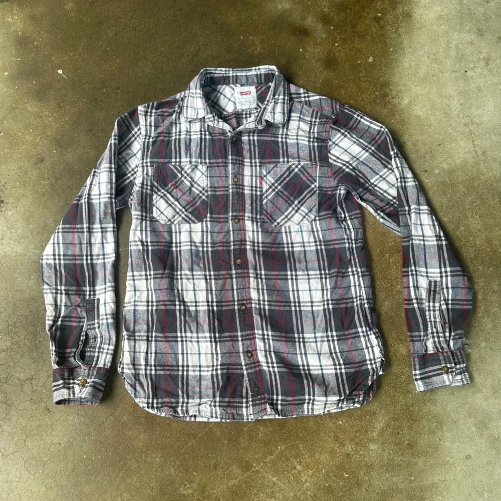 Levi's Flannel Shirt Mens Medium Gray Plaid Excellent Long Sleeve Button Down